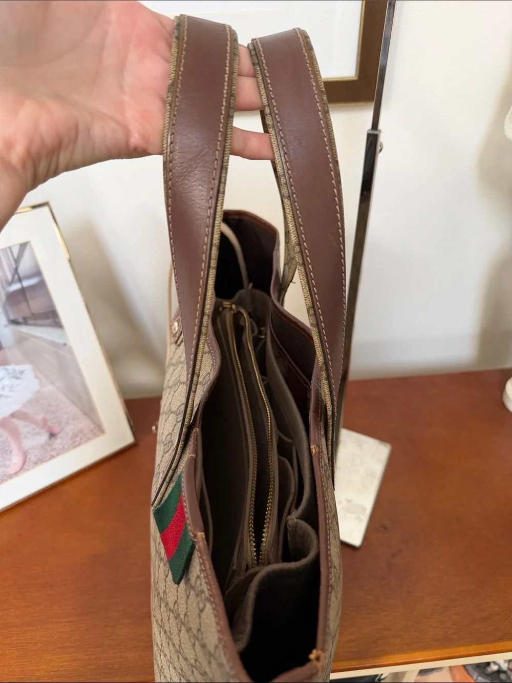 Gucci Beige/Brown GG Canvas Tote with Brown Leather Handles and Green/Red Web
